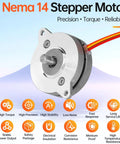 Front view of a Nema 14 round bipolar stepper motor with metal housing, exposed shaft, and 4-lead cable.
