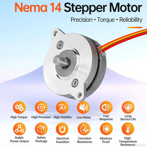 Front view of a Nema 14 round bipolar stepper motor with metal housing, exposed shaft, and 4-lead cable.