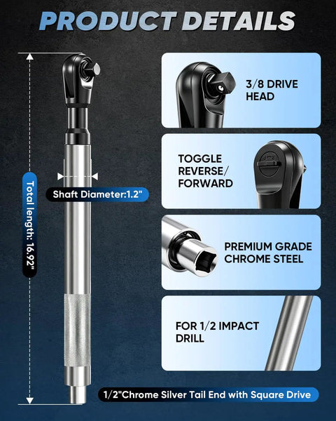 Heavy Duty Half Inch Drive Offset Ratchet Extension Wrench For Tight Spaces With Long Reach And Three Eighth Inch And One Quarter Inch Adapters Non Slip Grip For Deep Engine Bays And Automotive Mechanic Projects, side view showing steel material and square drive.
