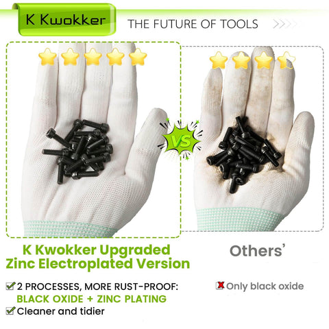 Gloved hands holding bolts showing comparison, one with zinc electroplating and one without, highlighting rust-proofing and tidiness.