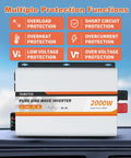 2000 Watt Pure Sine Wave Power Inverter Converts 12V DC To 120V AC With LCD Display showing multiple protection functions