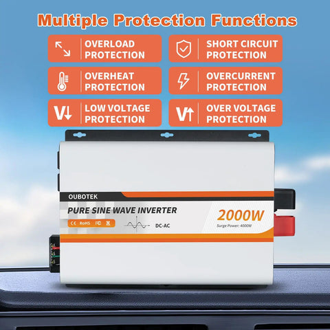 2000 Watt Pure Sine Wave Power Inverter Converts 12V DC To 120V AC With LCD Display showing multiple protection functions