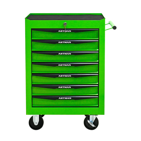 21 Inch Lockable Freestanding Storage Cabinet Rolling Utility Tool Chest Heavy Duty Garage Organizer With Reliable Wheel Brake Casters And Smooth Ball Bearing Drawer Slides Tough Green Finish For Your Weekend Shop Setup front view with seven drawers and black handles