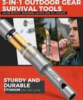 Three In One Fire Starter Survival Tool With Titanium Emergency Whistle Kerosene Lighter And Mini Pill Holder IPX8 Water Resistant