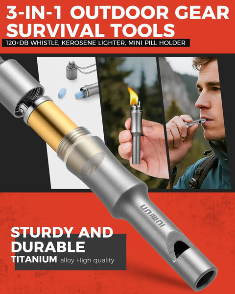 Three In One Fire Starter Survival Tool With Titanium Emergency Whistle Kerosene Lighter And Mini Pill Holder IPX8 Water Resistant
