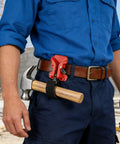 Heavy Duty Drill Belt Clip Hook With Auto Lock Release Mechanism For Cordless Drivers Hammer Drills And Impact Tools job site ready, worn on a work belt.