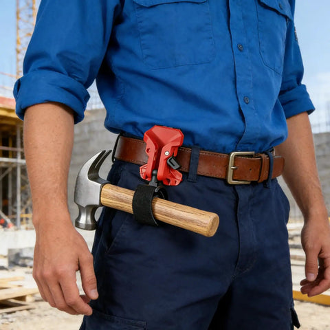 Heavy Duty Drill Belt Clip Hook With Auto Lock Release Mechanism For Cordless Drivers Hammer Drills And Impact Tools job site ready, worn on a work belt.
