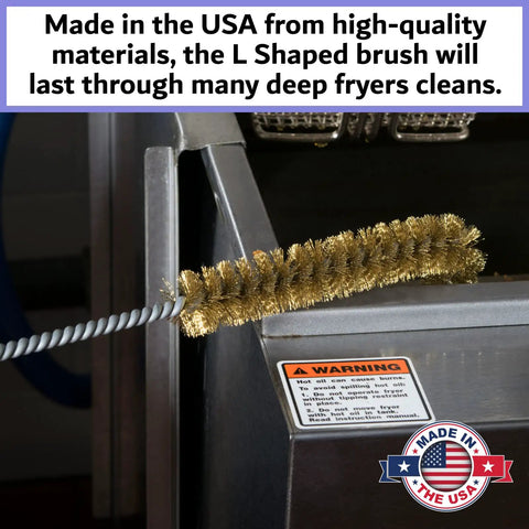 Deep Fryer Cleaning Brush L Shaped High Temp Commercial Kitchen Tool With Heavy Duty Brass Bristles next to fryer