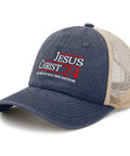 Low Profile Unstructured Trucker Hat For Men 6 Vent Embroidered Cap with 'Jesus Christ '24' slogan, mesh back, navy front view