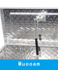 Inside view of Badass Heavy Duty Twenty Inch Aluminum Diamond Plate Tool Box With Rock Solid Sealed Locks, showing lid mechanism.