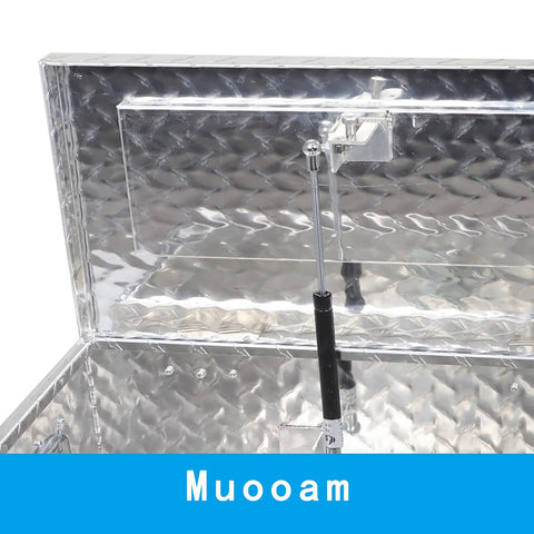 Inside view of Badass Heavy Duty Twenty Inch Aluminum Diamond Plate Tool Box With Rock Solid Sealed Locks, showing lid mechanism.
