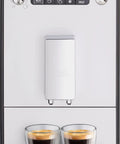 Game Changing Bean To Cup Automatic Coffee Maker With Creamy Frothed Milk And Slick Silver Black Design, featuring two clear espresso cups.