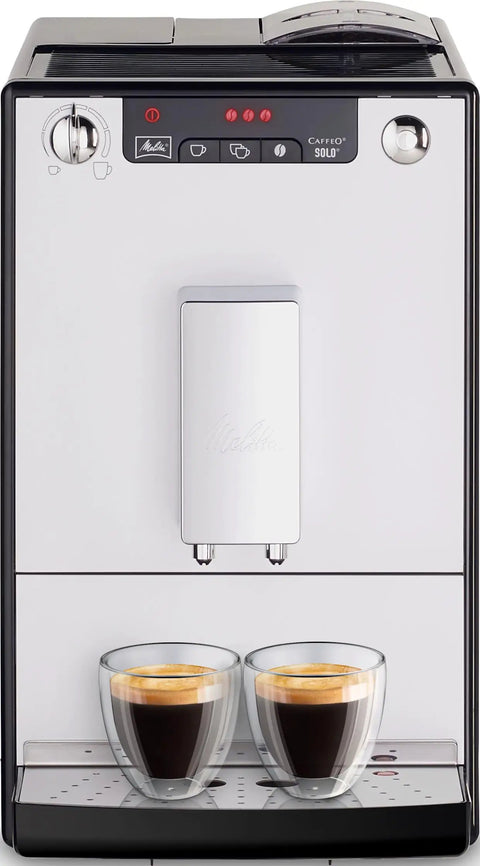 Game Changing Bean To Cup Automatic Coffee Maker With Creamy Frothed Milk And Slick Silver Black Design, featuring two clear espresso cups.