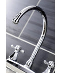 Metropolitan Two-Handle Centerset Kitchen Faucet With Side Sprayer in Polished Chrome, close-up of spout and handles