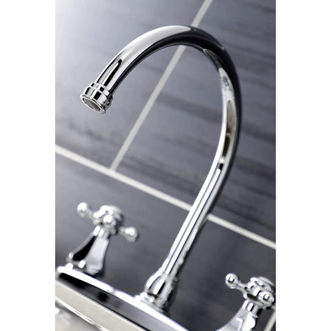 Metropolitan Two-Handle Centerset Kitchen Faucet With Side Sprayer in Polished Chrome, close-up of spout and handles