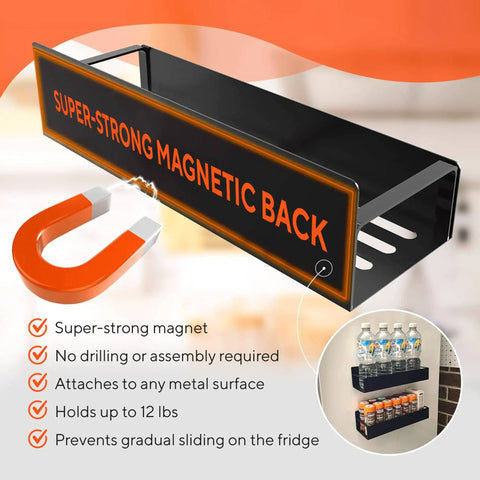 2 Pack Magnetic Shelves For Washer And Fridge Each Holds 12 Lbs Black Steel Kitchen Organizer For Spices Jars Vitamins And More Space Saving Magnetic Rack For Laundry Room And Pantry showing strong magnetic back and installation guide.