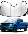 Ford F150 Windshield Sun Shade Custom Fit For 2021 To 2026 shown on a blue pickup, highlighting foldable window cover.