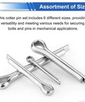 Close-up of 304 Stainless Steel Cotter Pin Set, 304Pcs in 24 Sizes showing six sizes of heavy-duty cotter pins.