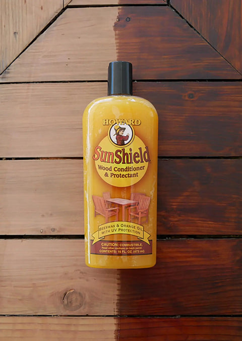 Sun Shield Wood Wax With UV Protection For Outdoor Furniture Gallon bottle on wood surface