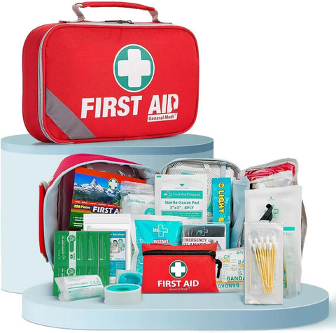 Front view of General Medi red 2-in-1 First Aid Kit with open pouch showing bandages, gauze pads, and mini kit