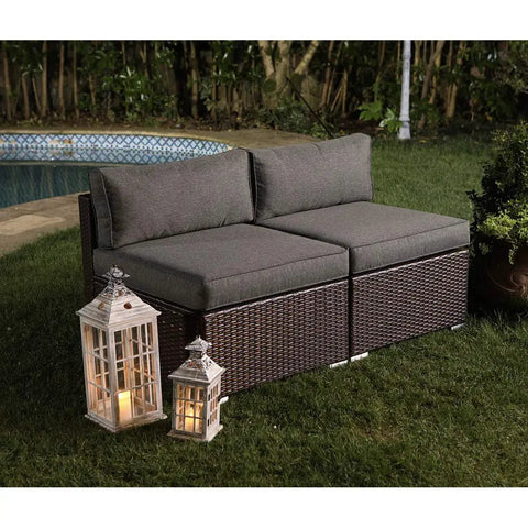 2-Piece Add-On Armless Chairs To Expand Chocolate Brown Wicker Sectional Sofa Set With Dark Grey Cushions in garden