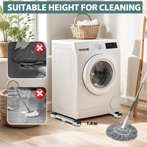 Front view of washing machine on Extendable Appliance Sliders Heavy Duty Anti Slip With Lifter Lever Tool, suitable for 20-36 inch loads.