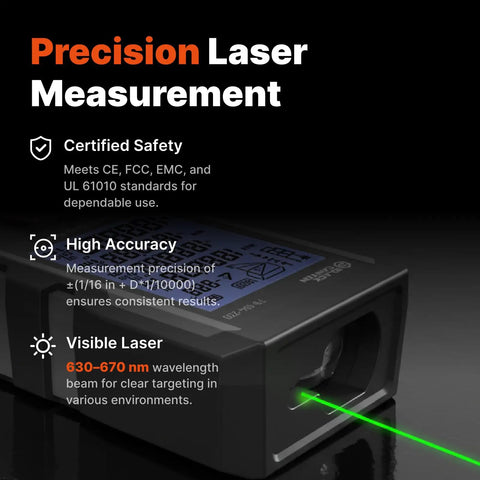 230 Foot Laser Distance Meter With Bright Green Beam And Smart Angle Tracking for no sweat indoor outdoor renovations, showing precision laser measurement.