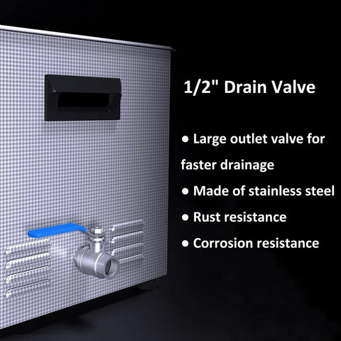 Side view of 30L Ultrasonic Cleaner With 40kHz Heating, Digital Controls, And Heavy Duty Tank For Jewelry Cleaning showing drain valve.