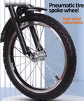 Close-up of a pneumatic spoke tire with front wheel caliper brake on a Folding Tricycle With Rear Cabin Back Seat 3 Wheel Cruiser Bike With Reinforced Front Fork Pneumatic Spoke Tires And Single Brake Adjustable High Carbon Steel Frame Supports Up To 150 Kg Perfect Kid Friendly Family Cargo Ride.