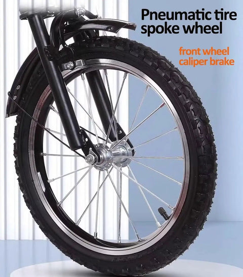 Close-up of a pneumatic spoke tire with front wheel caliper brake on a Folding Tricycle With Rear Cabin Back Seat 3 Wheel Cruiser Bike With Reinforced Front Fork Pneumatic Spoke Tires And Single Brake Adjustable High Carbon Steel Frame Supports Up To 150 Kg Perfect Kid Friendly Family Cargo Ride.