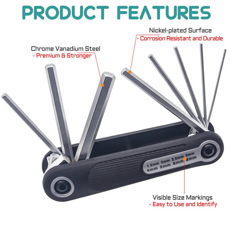 8 In 1 Folding Hex Key Set With Non Slip Rubber Grip Portable Pocket Allen Wrench Kit for bikes showing visible size markings