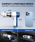 Dimensions of Cordless 4 In 1 Portable Car Vacuum Cleaner With 16000Pa Beast Power shown next to a smartphone, fits storage compartments.