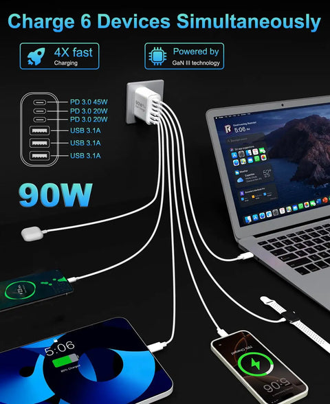 The Real Deal 90W GaN USB C Wall Charger Featuring Six Slick Ports With Rapid PD Fast Charging connected to multiple devices.