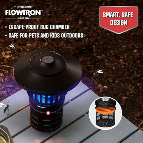 Bug Trap Lantern 2-In-1 Mosquito Trap And LED Camping Lantern for patio, black design on table with escape-proof chamber