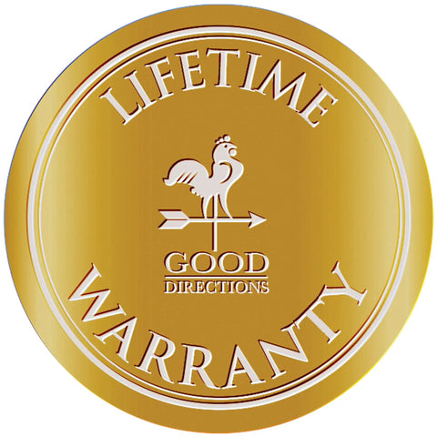 Gold round badge with 'Lifetime Warranty' text and a rooster weathervane illustration in the center.