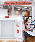 Heavy Duty AED Defibrillator Wall Cabinet, Built Tough Solid Steel Emergency Storage with siren, installation holes visible.