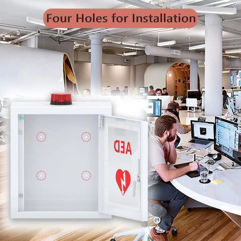 Heavy Duty AED Defibrillator Wall Cabinet, Built Tough Solid Steel Emergency Storage with siren, installation holes visible.