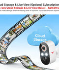 Wireless Outdoor Security Camera 1080P With Battery Power, showcasing cloud storage option and images of camera views