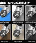 Electric drill sheet metal cutter attachment; six-panel collage showing cutting steel, mesh, leather, carpet.