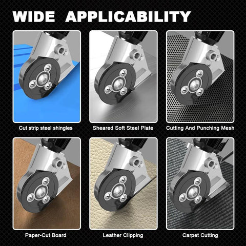 Electric drill sheet metal cutter attachment; six-panel collage showing cutting steel, mesh, leather, carpet.