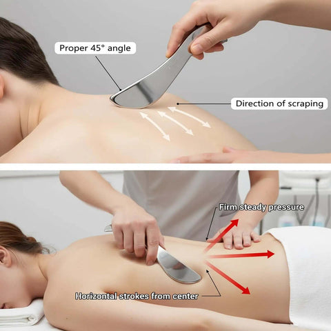 Stainless Steel Gua Sha Muscle Scraper Tool For Deep Tissue Release And Fascia Work Scar Tissue Breaker Physical Therapy Massager in use on back.