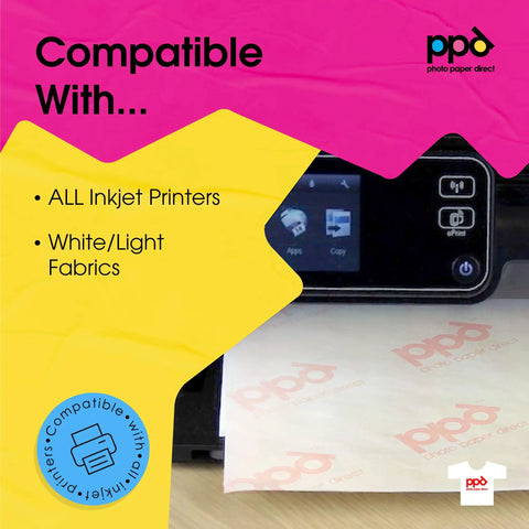 Inkjet Iron On Heat Transfer Paper 10 Sheets 8.5 By 11 Inches Premium Pack printer compatibility display