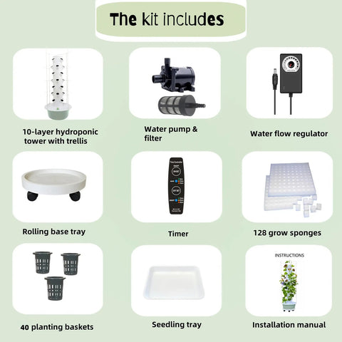 Vertical Hydroponic Tower Garden Kit with Trellis for Indoor and Outdoor Growing, showing components like 40 Planting Pods, timer, and manual.