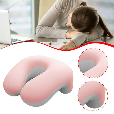 Woman using Desk Nap Pillow With Memory Foam Neck Support, Breathable Removable Cover, Versatile Headrest, Pink and White Cushion