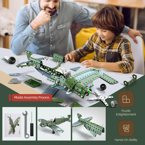Father and son assembling Hands-On DIY Model Airplane Kit With 285 Metal Parts, Fighter Jet STEM Building Project on table.