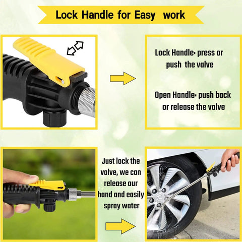 29 Inch Sprayer Wand Replacement With Universal Stainless Tube Brass Barb Fits One Quarter Inch And Three Eighths Inch Hoses Adjustable Watering Wand With Shut Off Valve Includes 2 Hose Clamps And 1 Tape For Grab And Go Setup, showing lock handle design for easy use and car washing