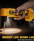 Cordless Right Angle Drill With Brushless Motor Compatible With Dewalt 20V Battery Delivering 400 Inch Pounds Torque bright LED light illuminating a dark workspace.