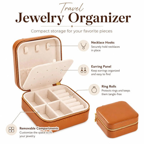 Super Chic Travel Jewelry Box With Waterproof PU Leather Exterior And Soft Flannel Interior Removable Dividers open with hooks and compartments