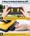 Hands detaching battery from 36000mAh Portable Camping Fan With Detachable Batteries Led Light And Remote Four Speeds Rechargeable