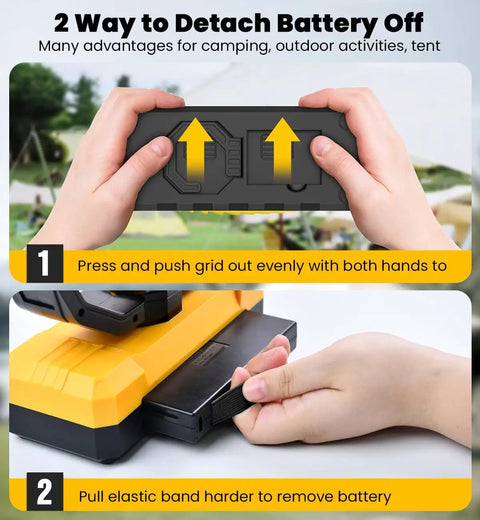 Hands detaching battery from 36000mAh Portable Camping Fan With Detachable Batteries Led Light And Remote Four Speeds Rechargeable